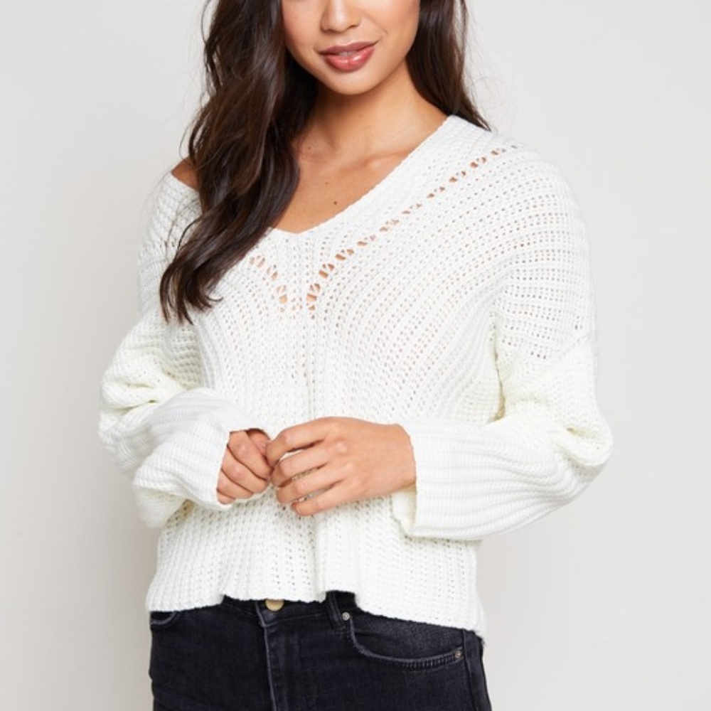 Small Ivory Lush V Neck Lace Up Back Long Sleeve Sweater - Picture 7 of 10